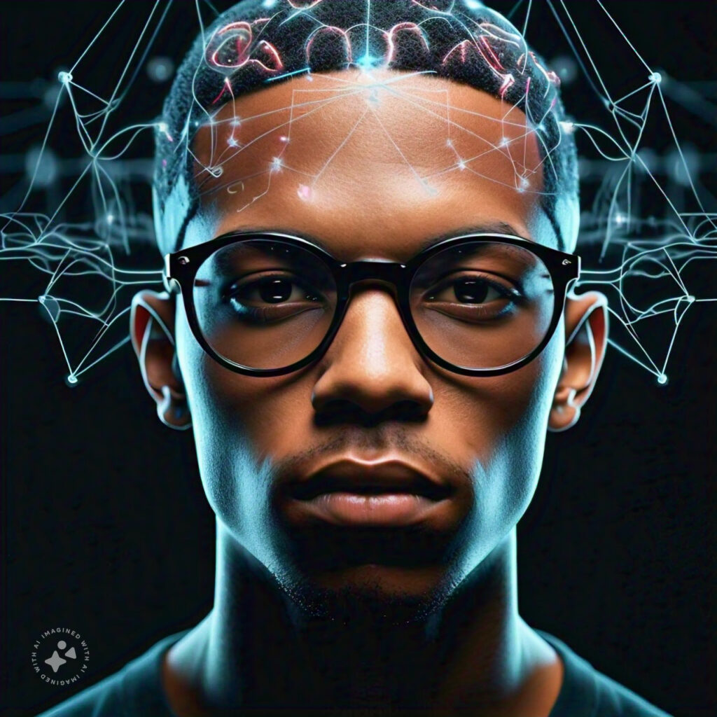 Close-up portrait of a young man with glasses, with a digital neural network overlay on his head representing advanced technology and artificial intelligence.